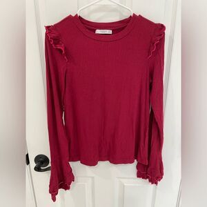 MANGO Basics Red Pink Ruffle Detail Ribbed Long Sleeve Top Women’s Size XS